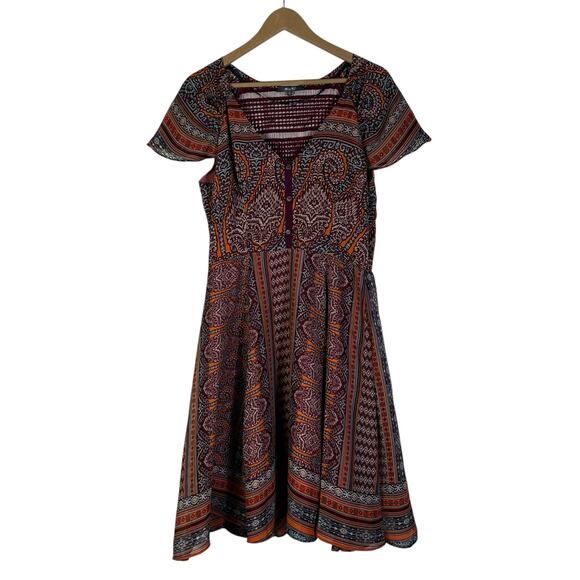 Miss Me Fit & Flare Dress Womens L Multicolor Batik Boho Tribal Hippie Gypsy - Picture 1 of 6